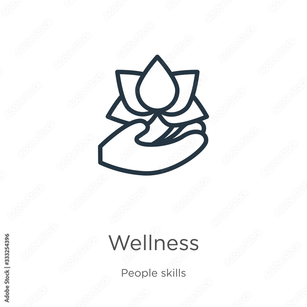 Wellness icon. Thin linear wellness outline icon isolated on white background from people skills collection. Line vector sign, symbol for web and mobile Wellness icon. Thin linear wellness outline icon isolated on white background from people skills collection. Line vector sign, symbol for web and mobile