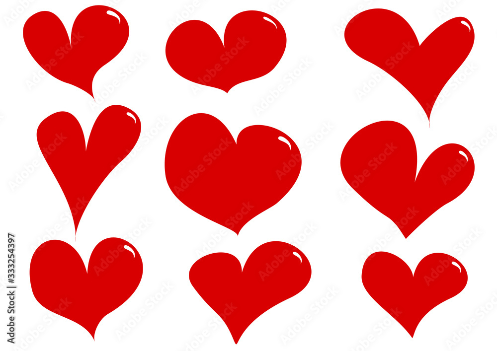 Volumetric red hearts. Set of hand drawn heart collection. Hearts buttons. Vector illustrations. Volumetric red hearts. Set of hand drawn heart collection. Hearts buttons. Vector illustrations.