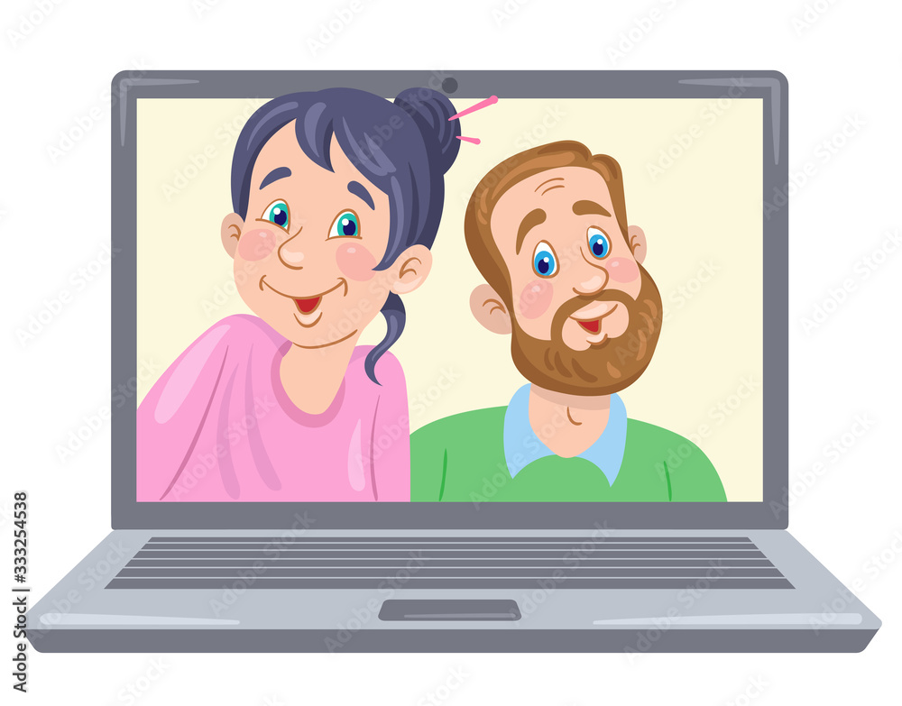 Cute young couple man and woman on laptop screen. Video chat online. Internet communication during quarantine. In cartoon style. Vector illustration Cute young couple man and woman on laptop screen. Video chat online. Internet communication during quarantine. In cartoon style. Vector illustration