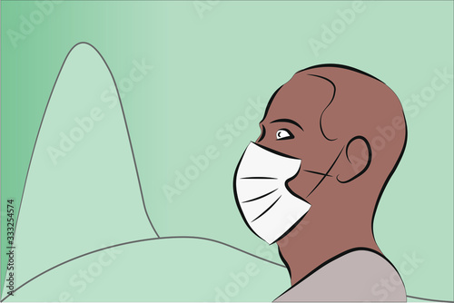 black man wearing mask to protect himself from covid-19 and background graphic