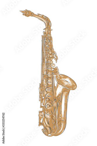 Vector engraved style illustration for posters, decoration and print. Hand drawn sketch of saxophone in colorful isolated on white background. Detailed vintage woodcut style drawing.