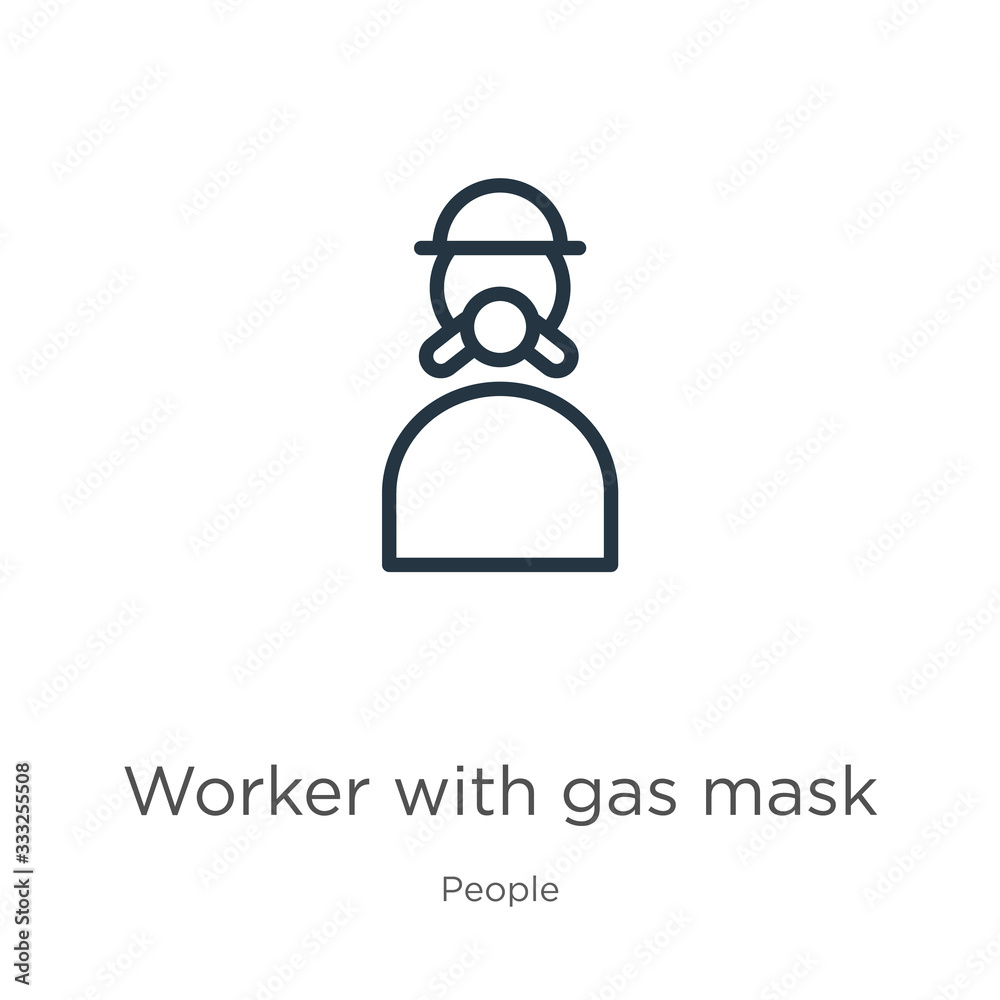Worker with gas mask icon. Thin linear worker with gas mask outline icon isolated on white background from people collection. Line vector sign, symbol for web and mobile Worker with gas mask icon. Thin linear worker with gas mask outline icon isolated on white background from people collection. Line vector sign, symbol for web and mobile