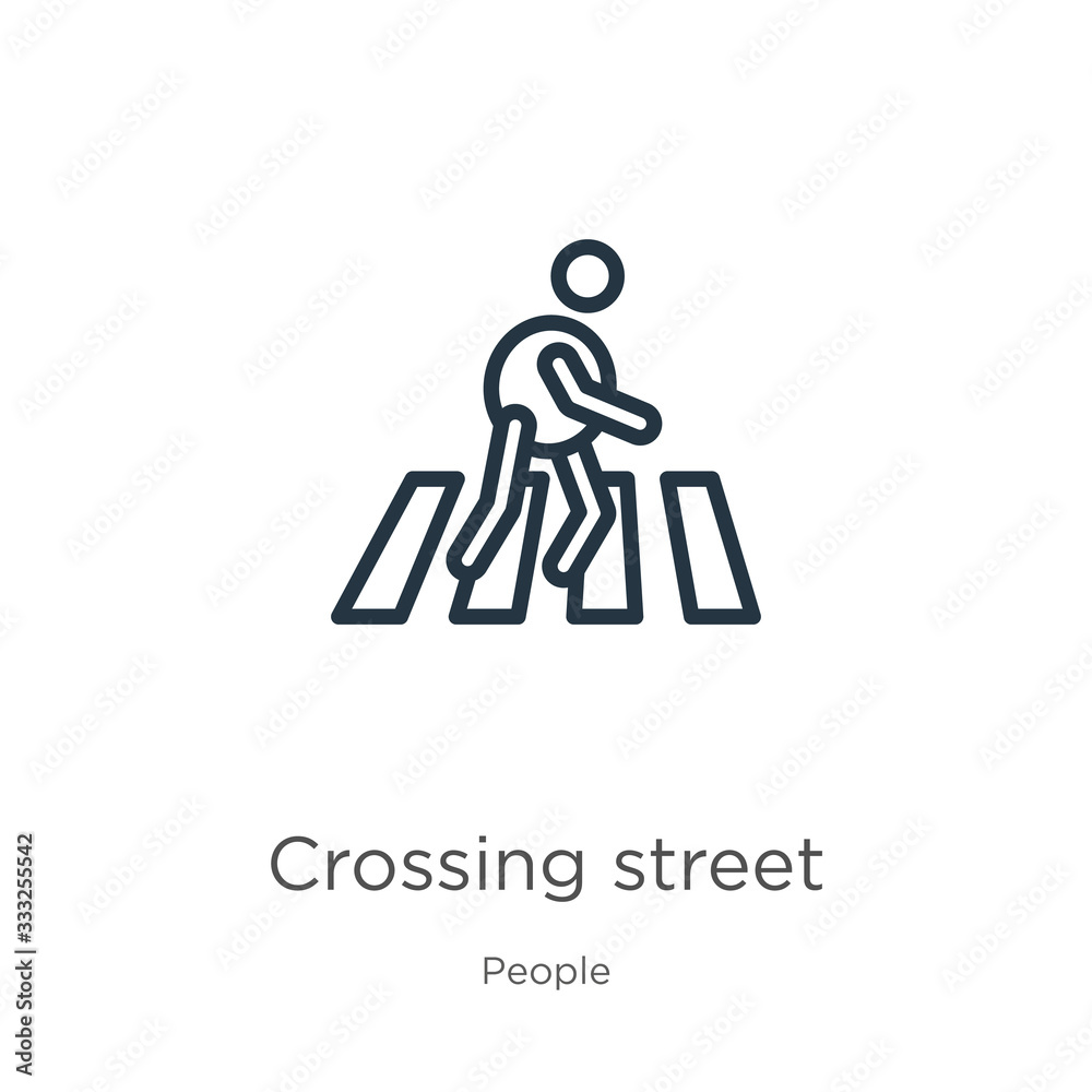 Crossing street icon. Thin linear crossing street outline icon isolated on white background from people collection. Line vector sign, symbol for web and mobile Crossing street icon. Thin linear crossing street outline icon isolated on white background from people collection. Line vector sign, symbol for web and mobile