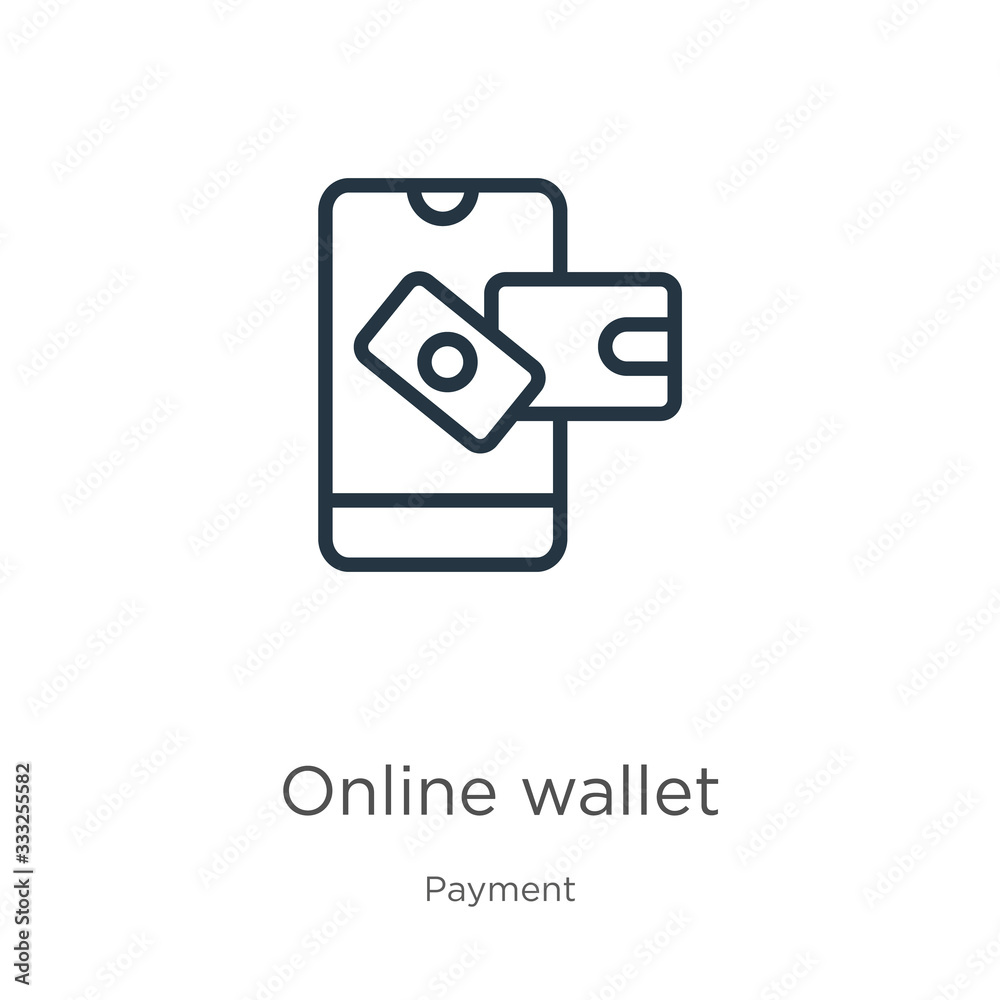 Online wallet icon. Thin linear online wallet outline icon isolated on white background from payment methods collection. Line vector sign, symbol for web and mobile Online wallet icon. Thin linear online wallet outline icon isolated on white background from payment methods collection. Line vector sign, symbol for web and mobile