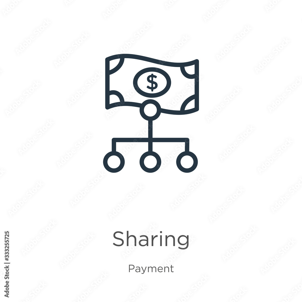 Sharing icon. Thin linear sharing outline icon isolated on white background from payment collection. Line vector sign, symbol for web and mobile Sharing icon. Thin linear sharing outline icon isolated on white background from payment collection. Line vector sign, symbol for web and mobile