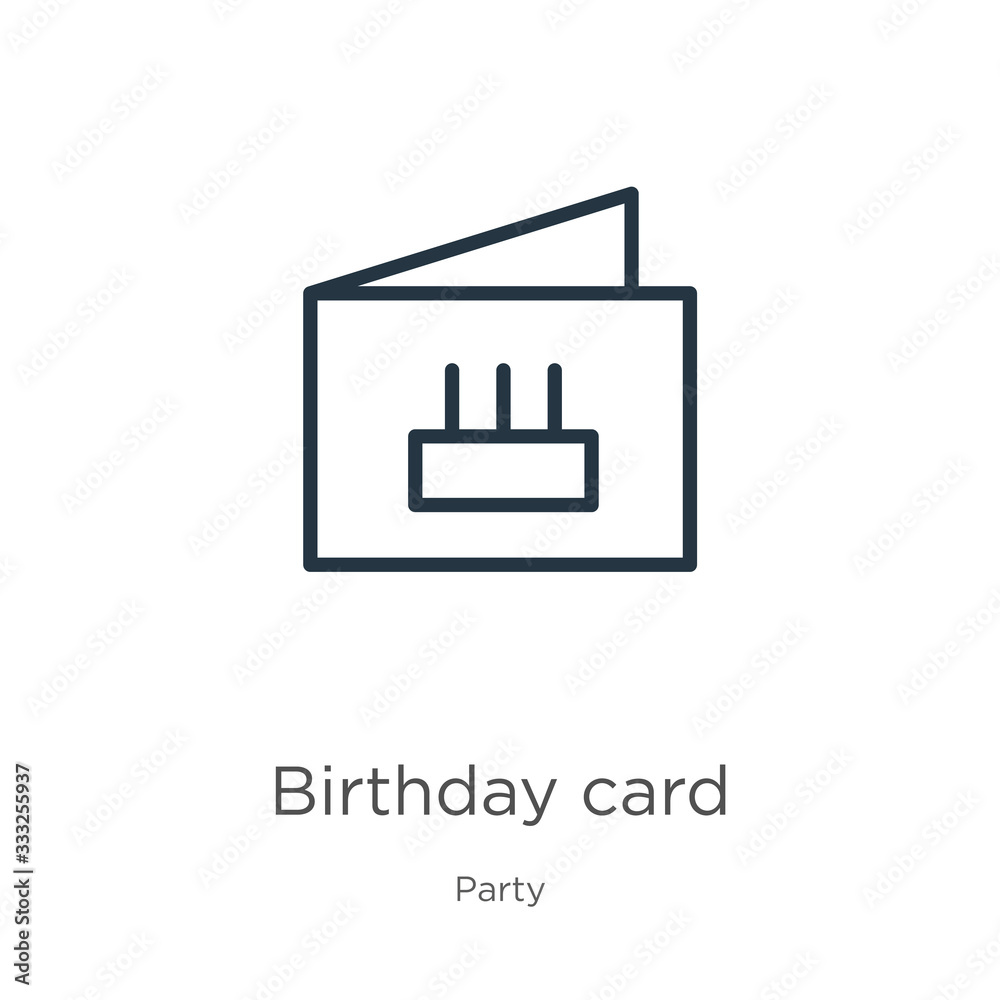 Birthday card icon. Thin linear birthday card outline icon isolated on white background from party collection. Line vector sign, symbol for web and mobile