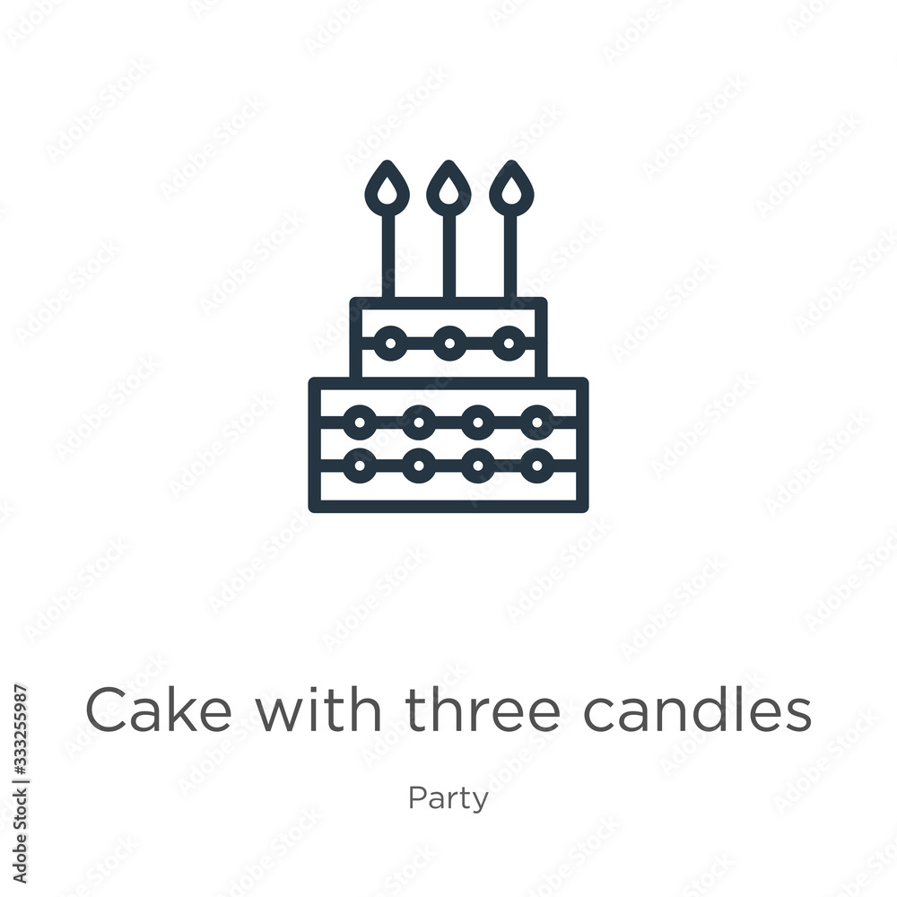 Cake with three candles icon. Thin linear cake with three candles outline icon isolated on white background from party collection. Line vector sign, symbol for web and mobile Cake with three candles icon. Thin linear cake with three candles outline icon isolated on white background from party collection. Line vector sign, symbol for web and mobile