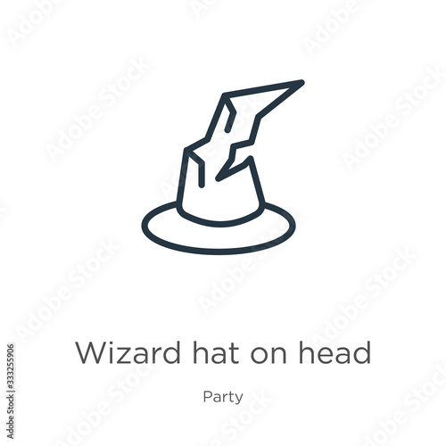 Wizard hat on head icon. Thin linear wizard hat on head outline icon isolated on white background from party collection. Line vector sign, symbol for web and mobile