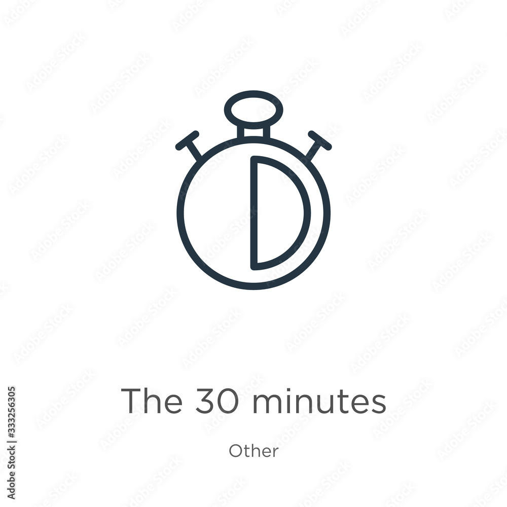 The 30 minutes icon. Thin linear the 30 minutes outline icon isolated on white background from other collection. Line vector sign, symbol for web and mobile The 30 minutes icon. Thin linear the 30 minutes outline icon isolated on white background from other collection. Line vector sign, symbol for web and mobile