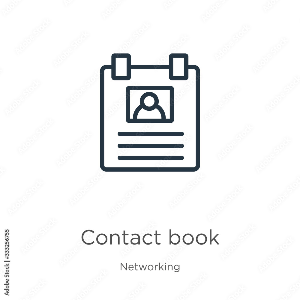 Contact book icon. Thin linear contact book outline icon isolated on white background from networking collection. Line vector sign, symbol for web and mobile Contact book icon. Thin linear contact book outline icon isolated on white background from networking collection. Line vector sign, symbol for web and mobile