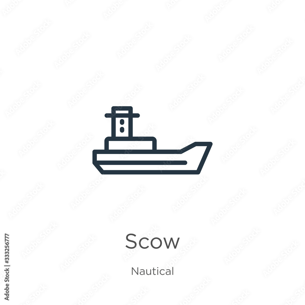 Scow icon. Thin linear scow outline icon isolated on white background from nautical collection. Line vector sign, symbol for web and mobile Scow icon. Thin linear scow outline icon isolated on white background from nautical collection. Line vector sign, symbol for web and mobile