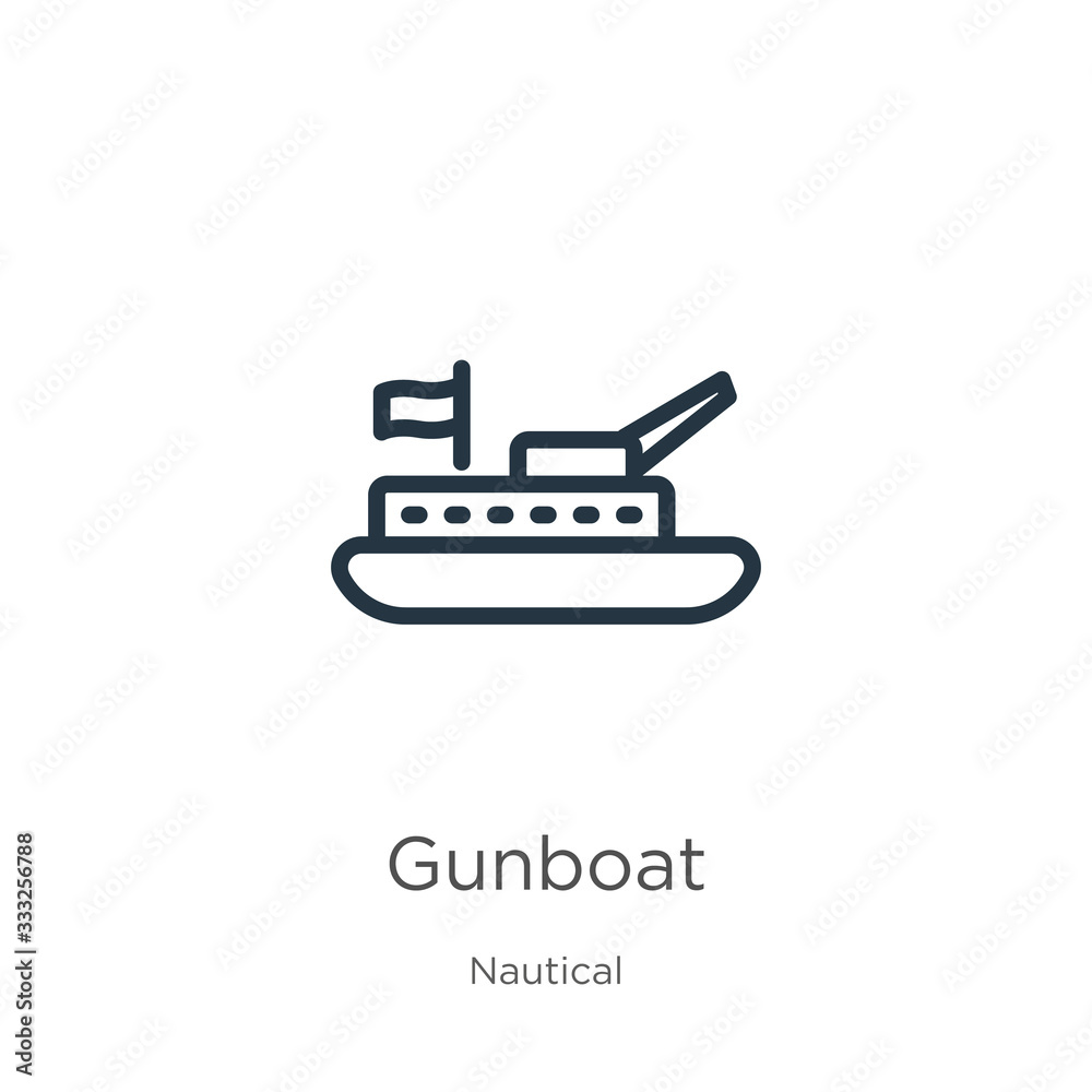 Gunboat icon. Thin linear gunboat outline icon isolated on white background from nautical collection. Line vector sign, symbol for web and mobile Gunboat icon. Thin linear gunboat outline icon isolated on white background from nautical collection. Line vector sign, symbol for web and mobile