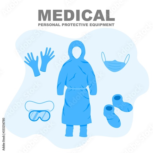 Medical Personal Protective Equipment, medical personnel infection prevention kit vector illustration.
