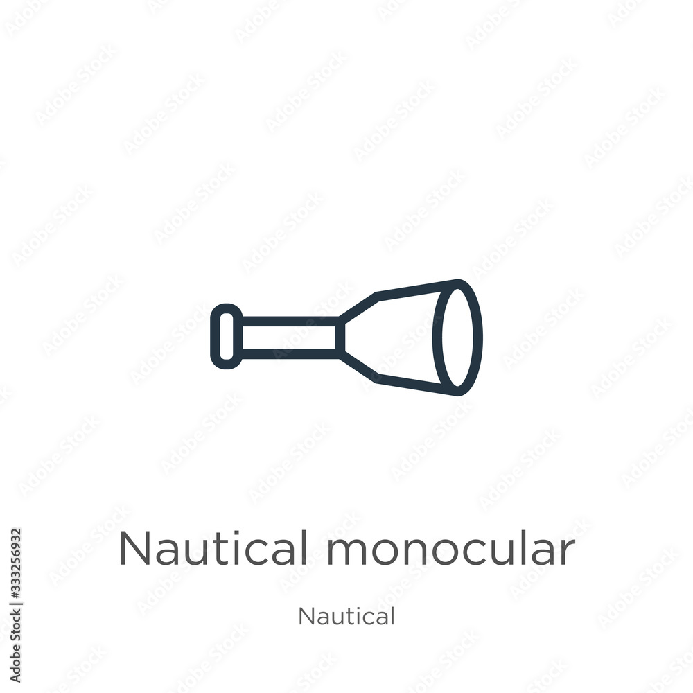 Nautical monocular icon. Thin linear nautical monocular outline icon isolated on white background from nautical collection. Line vector sign, symbol for web and mobile Nautical monocular icon. Thin linear nautical monocular outline icon isolated on white background from nautical collection. Line vector sign, symbol for web and mobile