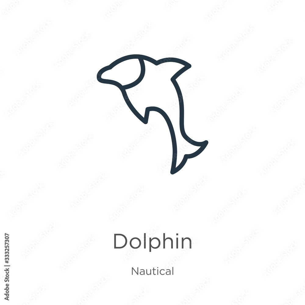 Fototapeta premium Dolphin icon. Thin linear dolphin outline icon isolated on white background from nautical collection. Line vector sign, symbol for web and mobile