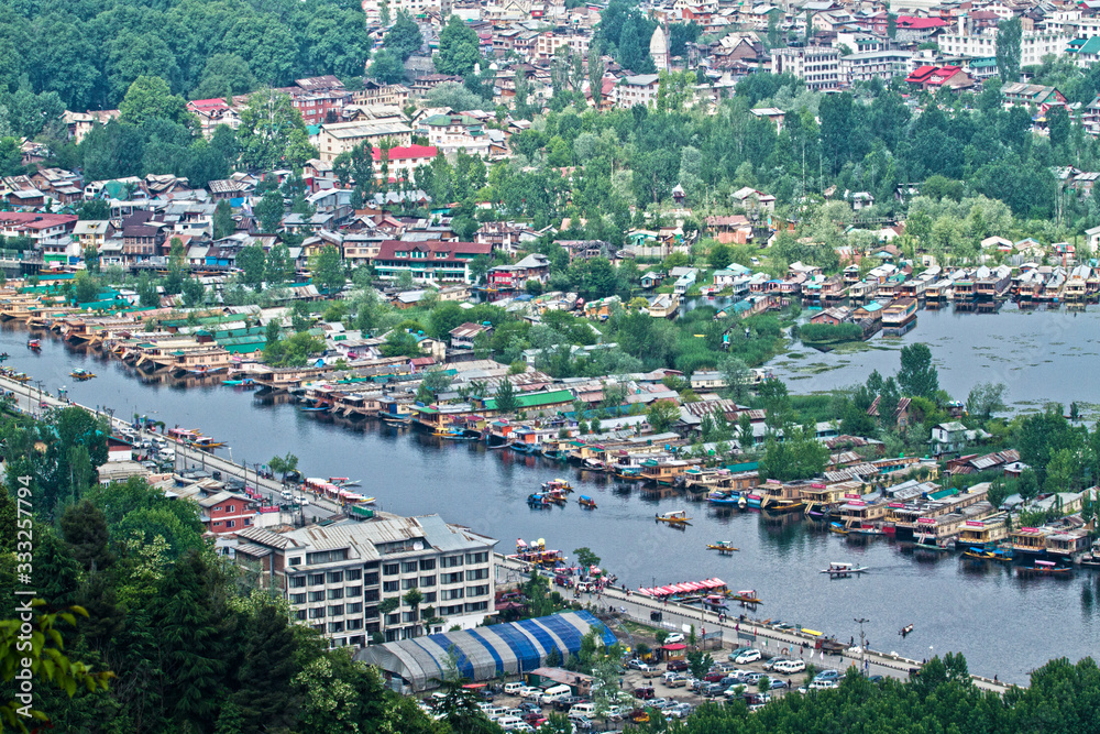 View of Srinagar city and Dal Lake with House boats in Srinagar, Kashmir India