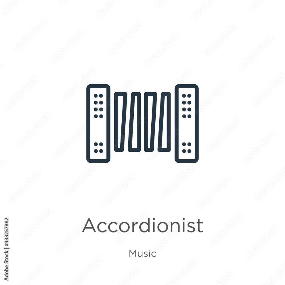 Accordionist icon. Thin linear accordionist outline icon isolated on white background from music collection. Line vector sign, symbol for web and mobile