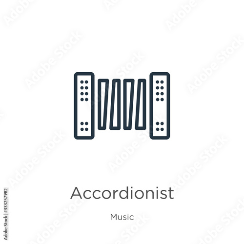 Accordionist icon. Thin linear accordionist outline icon isolated on white background from music collection. Line vector sign, symbol for web and mobile
