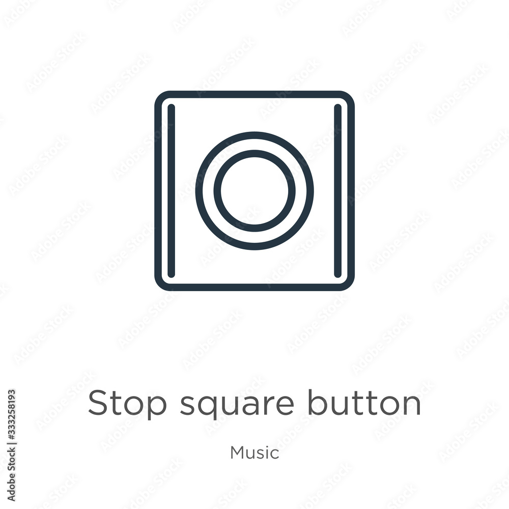 Stop square button icon. Thin linear stop square button outline icon isolated on white background from music collection. Line vector sign, symbol for web and mobile
