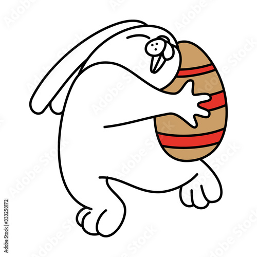Cartoon white rabbit dancing with chicken egg. Contour design of an easter bunny. Symbol for web sites on a white background. Isolated object Vector  illustration