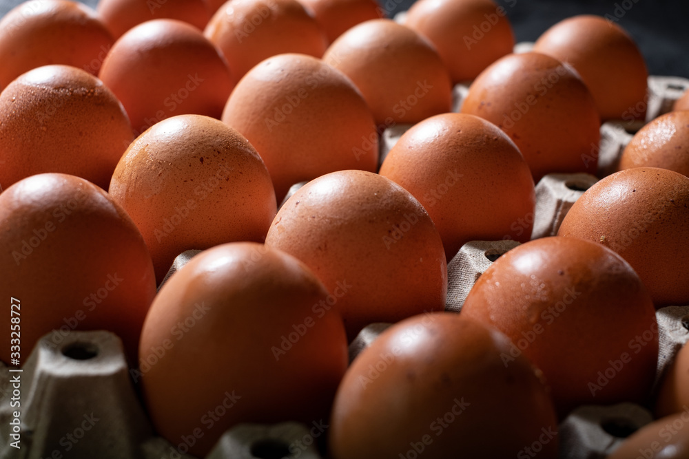 Eggs carton with chicken egg lined up in rows at black background Eggs carton with chicken egg lined up in rows at black background