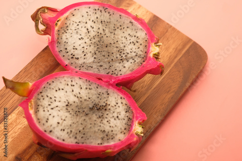 top view of dragon fruit on chopping board