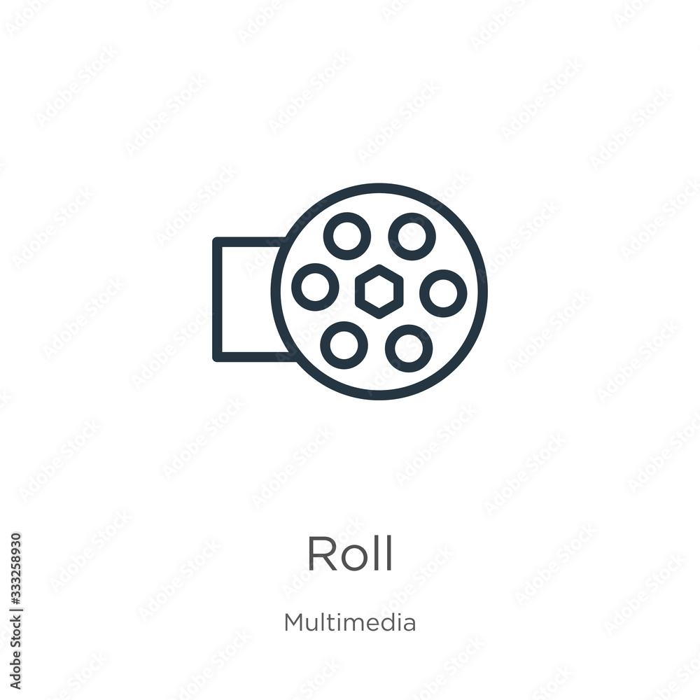 Roll icon. Thin linear roll outline icon isolated on white background from multimedia collection. Line vector sign, symbol for web and mobile Roll icon. Thin linear roll outline icon isolated on white background from multimedia collection. Line vector sign, symbol for web and mobile