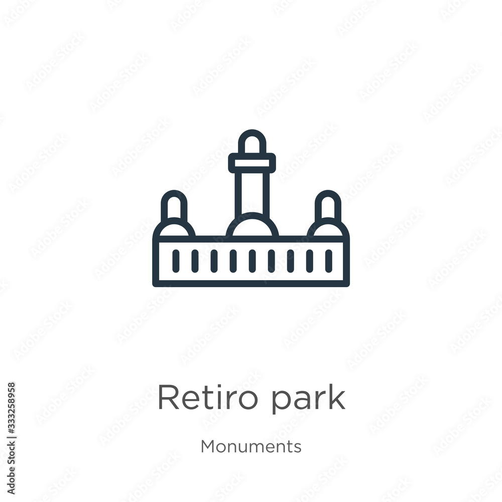 Retiro park icon. Thin linear retiro park outline icon isolated on white background from monuments collection. Line vector sign, symbol for web and mobile Retiro park icon. Thin linear retiro park outline icon isolated on white background from monuments collection. Line vector sign, symbol for web and mobile