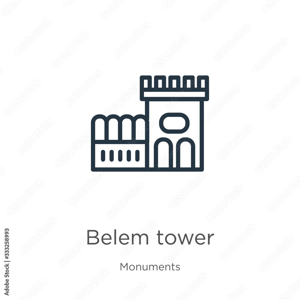 Belem tower icon. Thin linear belem tower outline icon isolated on white background from monuments collection. Line vector sign, symbol for web and mobile