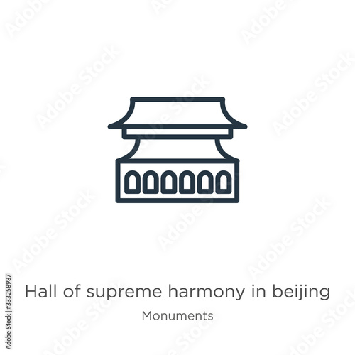 Hall of supreme harmony in beijing icon. Thin linear hall of supreme harmony in beijing outline icon isolated on white background from monuments collection. Line vector sign, symbol for web and mobile