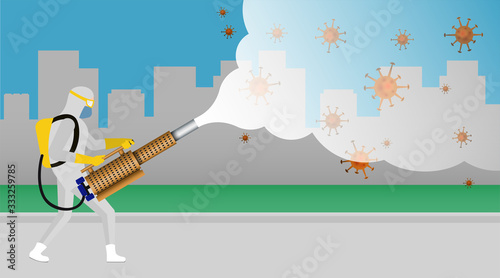 Medical scientist disinfecting bacteria virus. Preventive measures pandemic health risk in hazmat suit cleaning disinfecting corona virus cells, disease