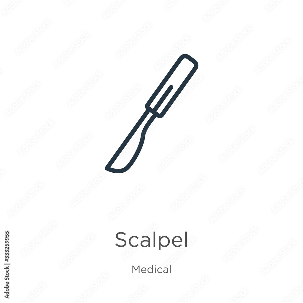 Scalpel icon. Thin linear scalpel outline icon isolated on white background from medical collection. Line vector sign, symbol for web and mobile Scalpel icon. Thin linear scalpel outline icon isolated on white background from medical collection. Line vector sign, symbol for web and mobile