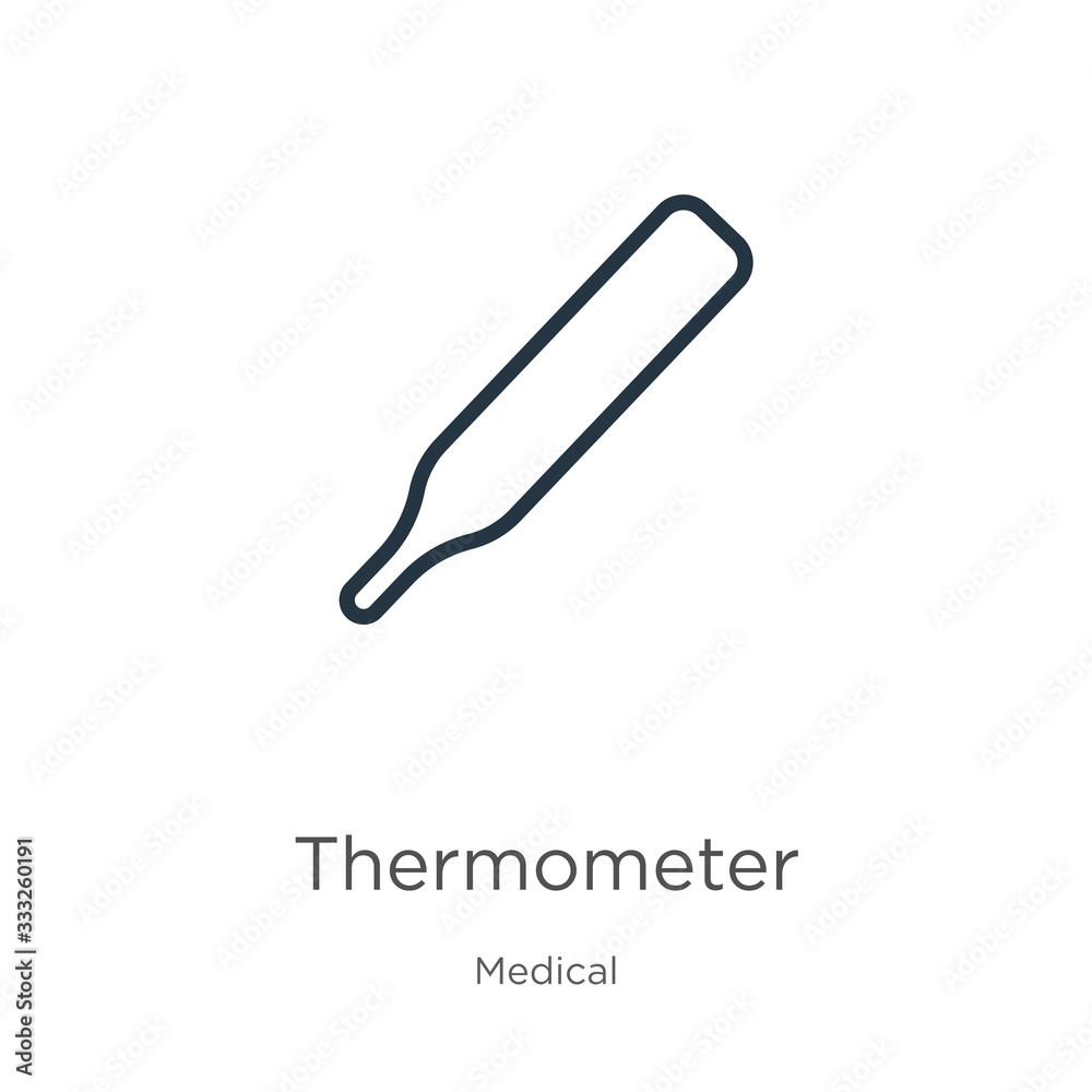 Thermometer icon. Thin linear thermometer outline icon isolated on white background from medical collection. Line vector sign, symbol for web and mobile Thermometer icon. Thin linear thermometer outline icon isolated on white background from medical collection. Line vector sign, symbol for web and mobile