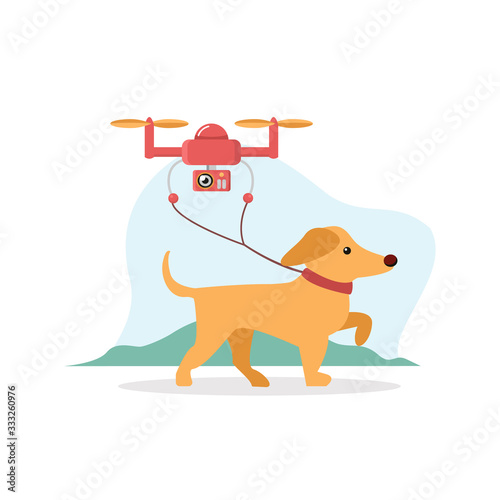 Quadrocopter walks the dog remotely. Cheerful running puppy walks on his own, on leash by flying drone. Vector Flat Art modern. Technology illustration of the future.