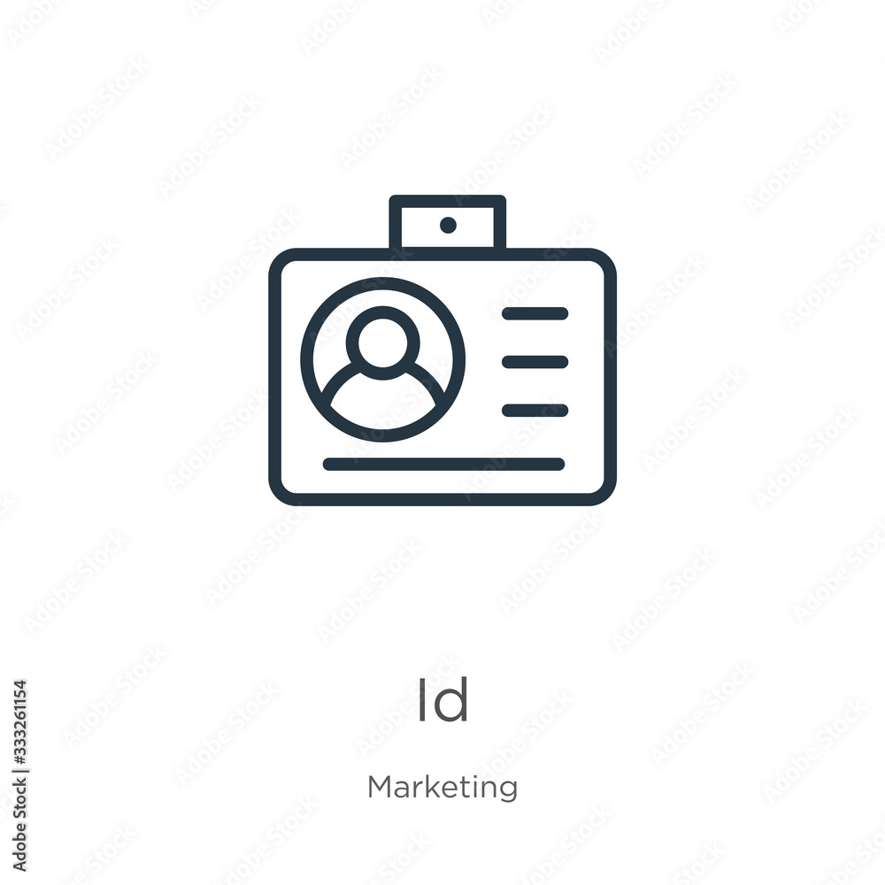 Id icon. Thin linear id outline icon isolated on white background from marketing collection. Line vector sign, symbol for web and mobile Id icon. Thin linear id outline icon isolated on white background from marketing collection. Line vector sign, symbol for web and mobile