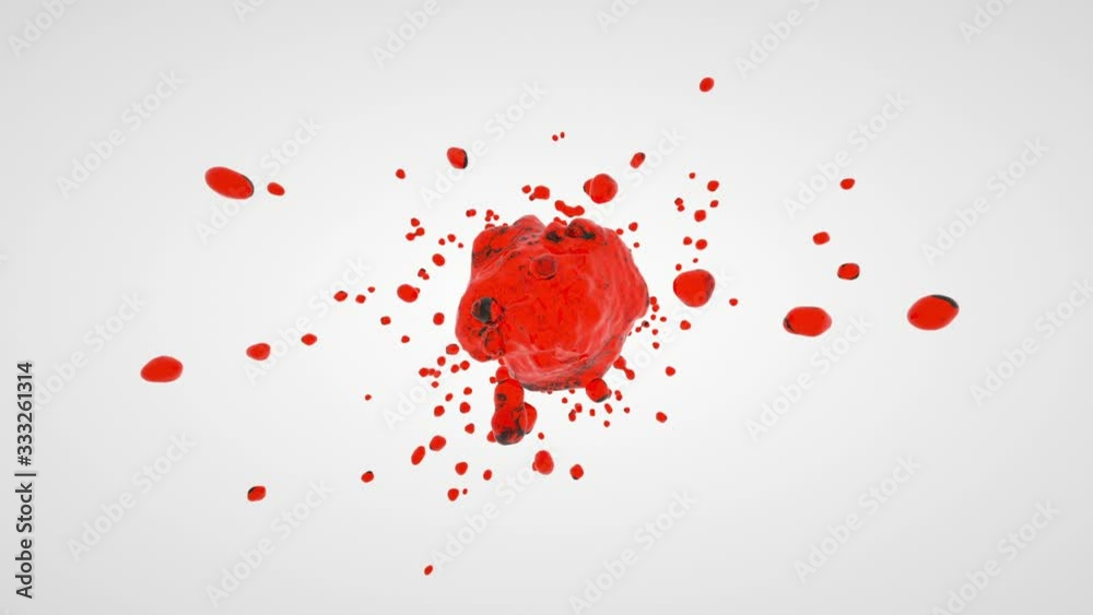 Animation of explosion of a drop of blood on a white background.