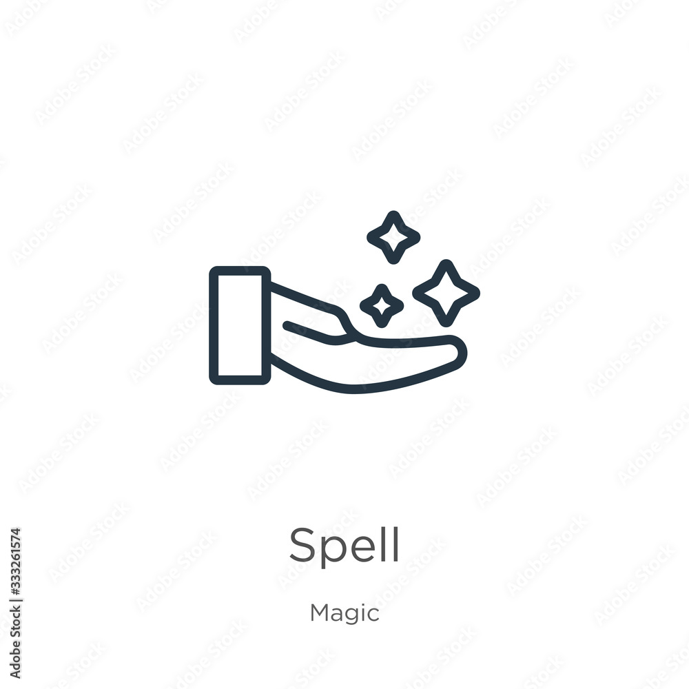 Spell icon. Thin linear spell outline icon isolated on white background from magic collection. Line vector sign, symbol for web and mobile Spell icon. Thin linear spell outline icon isolated on white background from magic collection. Line vector sign, symbol for web and mobile