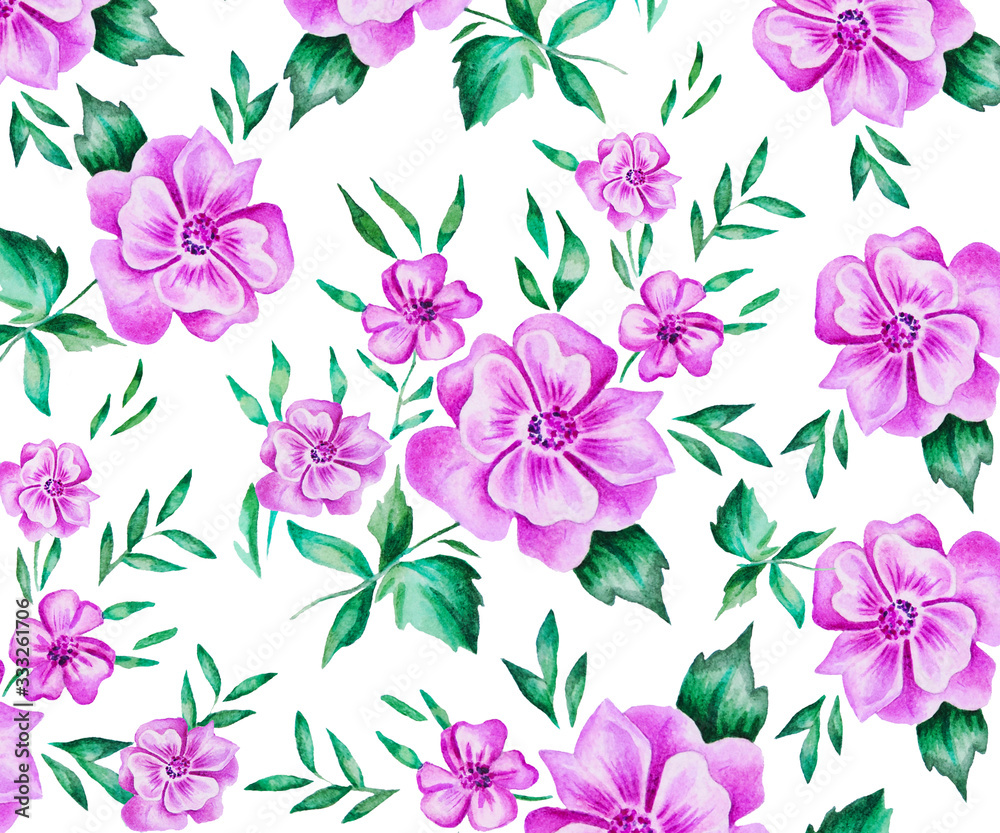 Flower pattern. Pink bouquets of flowers with leaves on a white background. Idea for textiles.