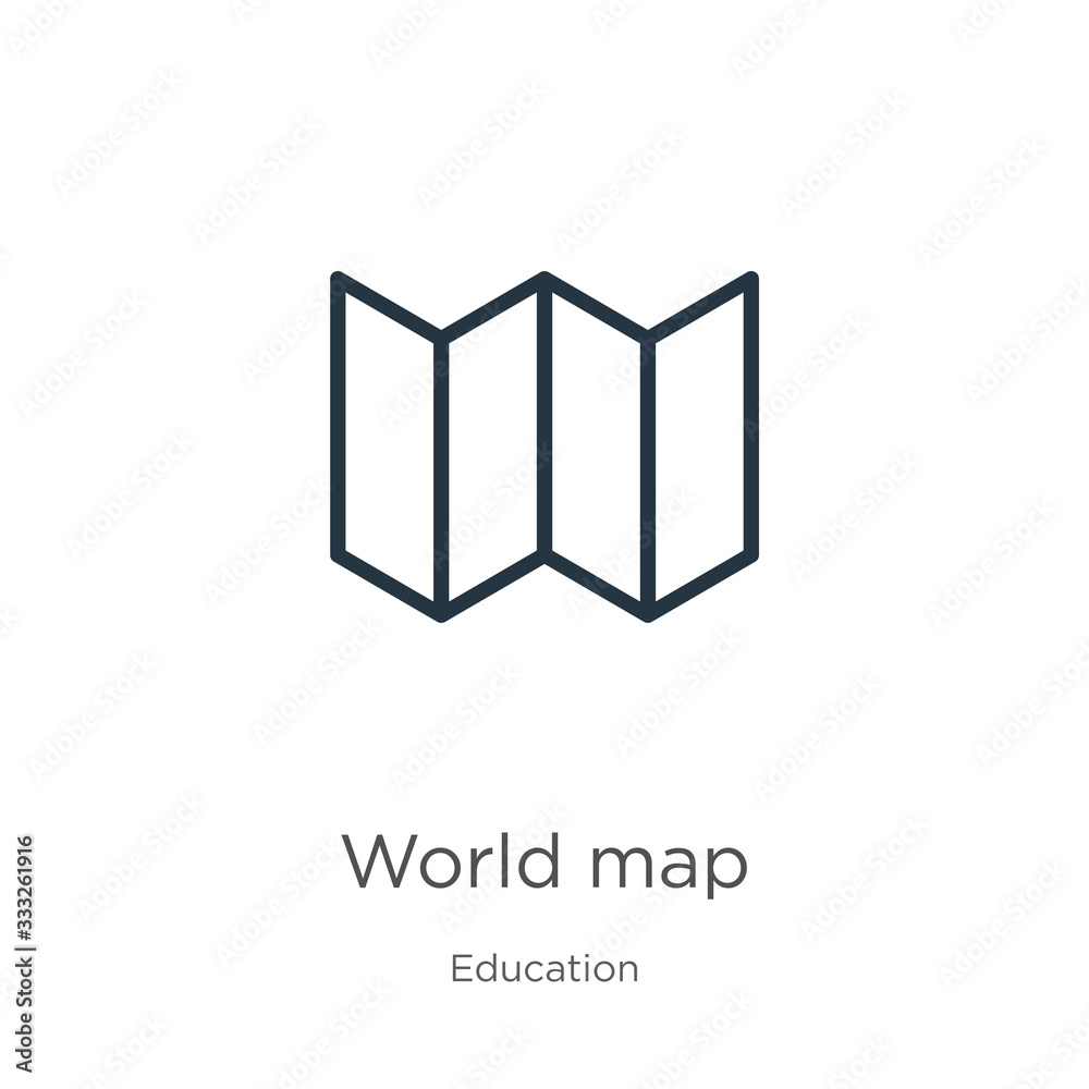 World map icon. Thin linear world map outline icon isolated on white background from education collection. Line vector sign, symbol for web and mobile World map icon. Thin linear world map outline icon isolated on white background from education collection. Line vector sign, symbol for web and mobile