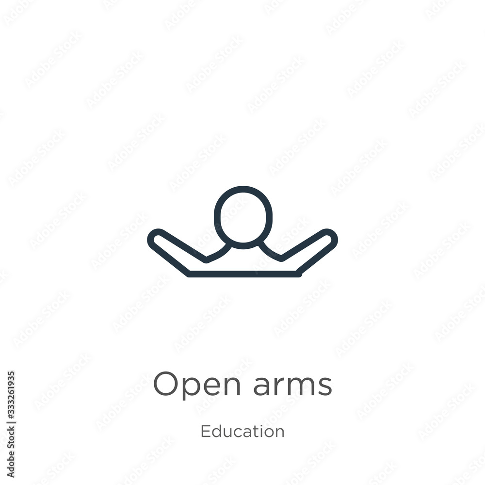 Open arms icon. Thin linear open arms outline icon isolated on white background from education collection. Line vector sign, symbol for web and mobile Open arms icon. Thin linear open arms outline icon isolated on white background from education collection. Line vector sign, symbol for web and mobile