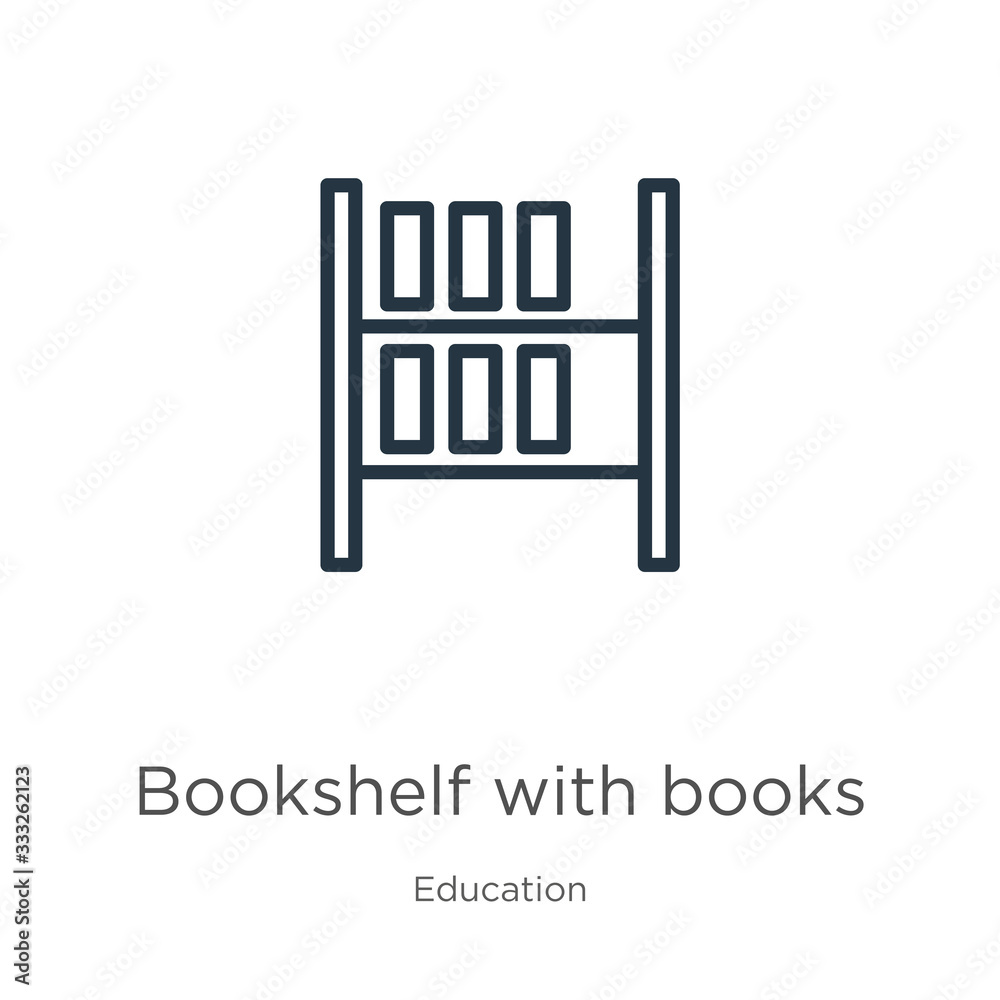 Bookshelf with books icon. Thin linear bookshelf with books outline icon isolated on white background from education collection. Line vector sign, symbol for web and mobile