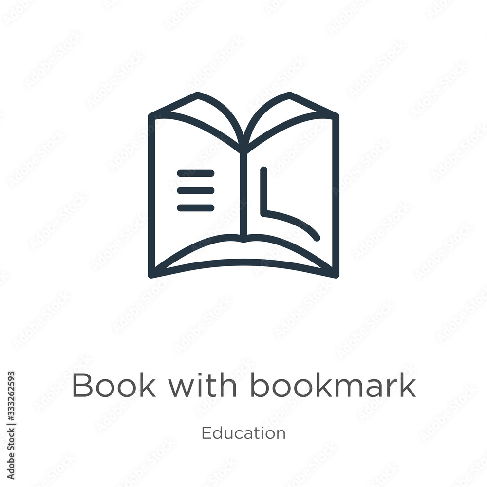 Book with bookmark icon. Thin linear book with bookmark outline icon isolated on white background from education collection. Line vector sign, symbol for web and mobile Book with bookmark icon. Thin linear book with bookmark outline icon isolated on white background from education collection. Line vector sign, symbol for web and mobile