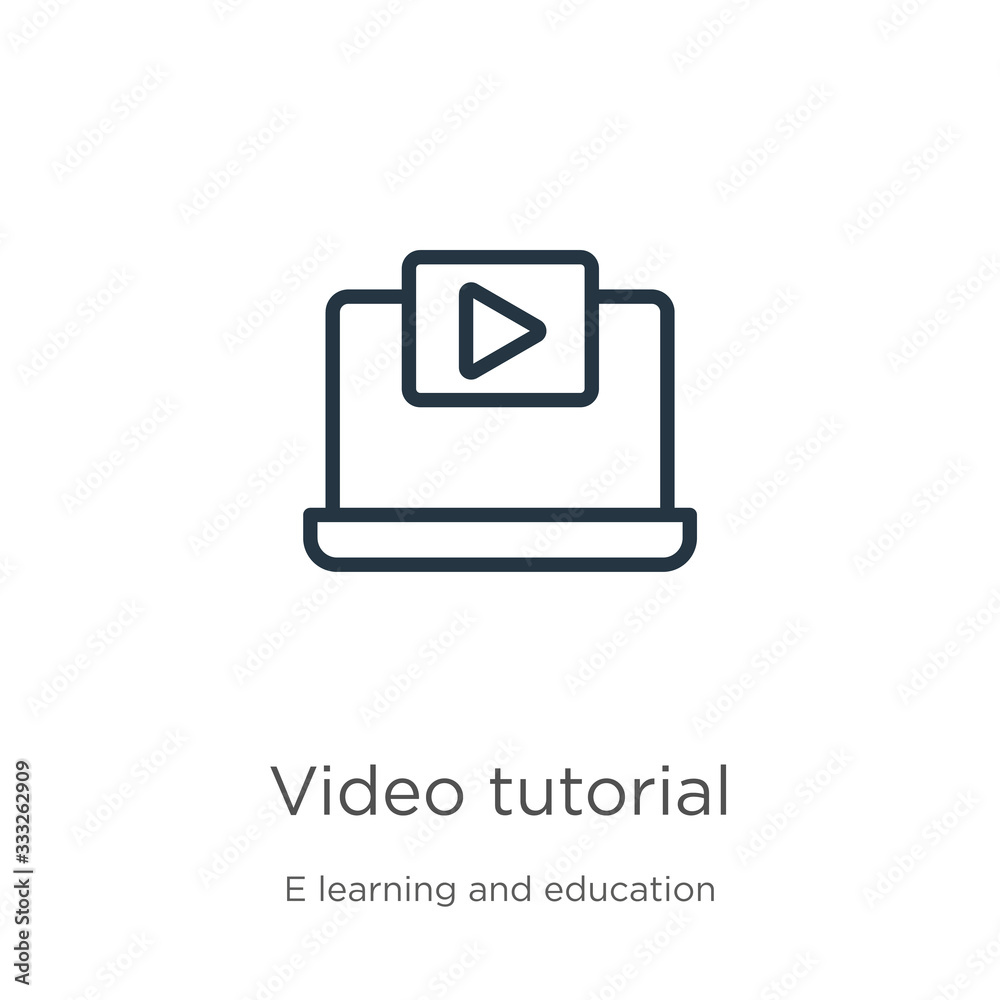 Video tutorial icon. Thin linear video tutorial outline icon isolated on white background from e learning collection. Line vector sign, symbol for web and mobile Video tutorial icon. Thin linear video tutorial outline icon isolated on white background from e learning collection. Line vector sign, symbol for web and mobile