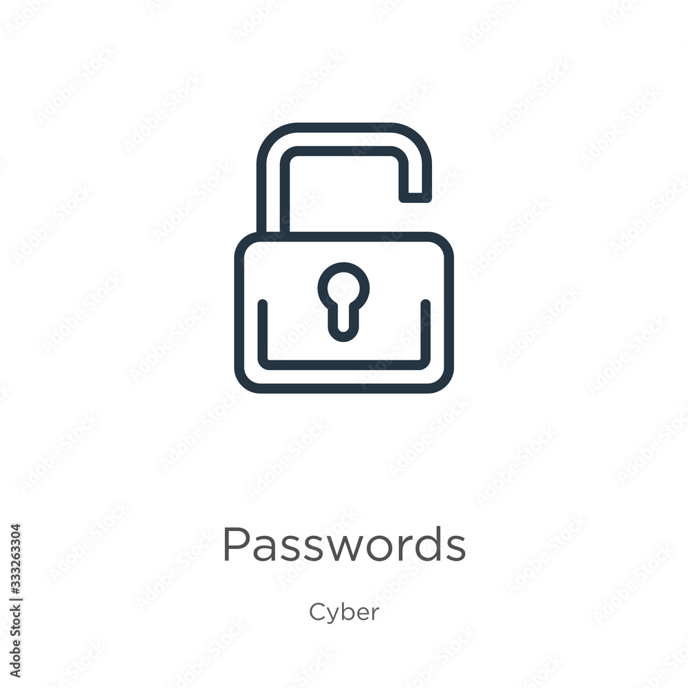 Passwords icon. Thin linear passwords outline icon isolated on white background from cyber collection. Line vector sign, symbol for web and mobile Passwords icon. Thin linear passwords outline icon isolated on white background from cyber collection. Line vector sign, symbol for web and mobile