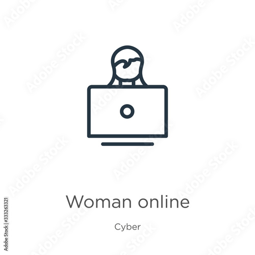 Woman online icon. Thin linear woman online outline icon isolated on white background from cyber collection. Line vector sign, symbol for web and mobile