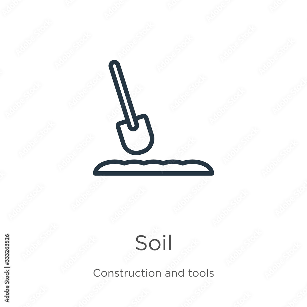 Soil icon. Thin linear soil outline icon isolated on white background from construction and tools collection. Line vector sign, symbol for web and mobile Soil icon. Thin linear soil outline icon isolated on white background from construction and tools collection. Line vector sign, symbol for web and mobile