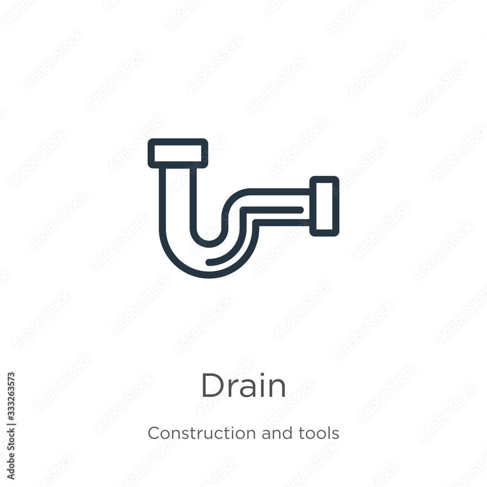 Drain icon. Thin linear drain outline icon isolated on white background from construction and tools collection. Line vector sign, symbol for web and mobile Drain icon. Thin linear drain outline icon isolated on white background from construction and tools collection. Line vector sign, symbol for web and mobile