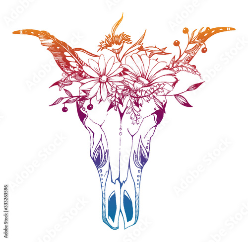 Cow, buffalo, bull skull in tribal style with flowers. Bohemian, boho vector ...