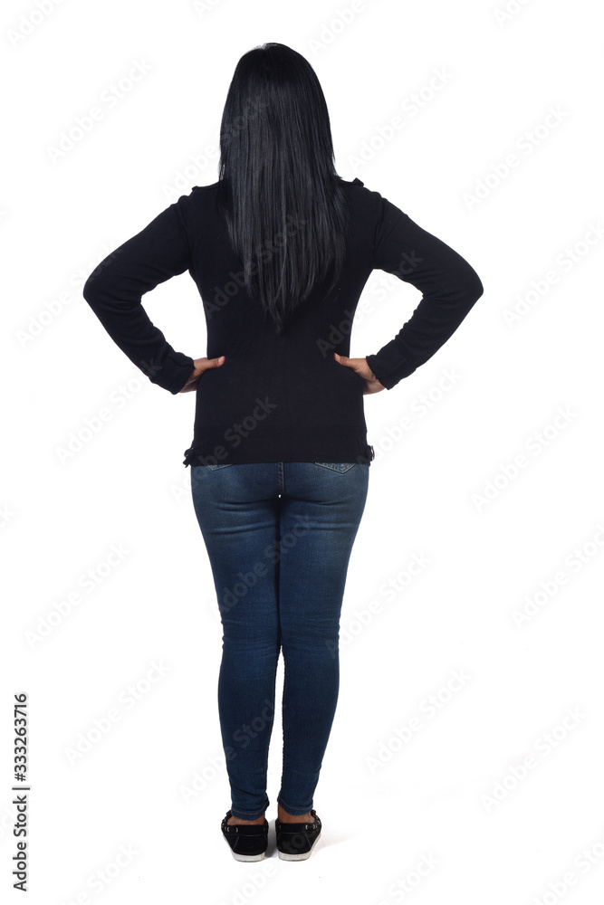 rear view of woman on white background,, hands on hip rear view of woman on white background,, hands on hip