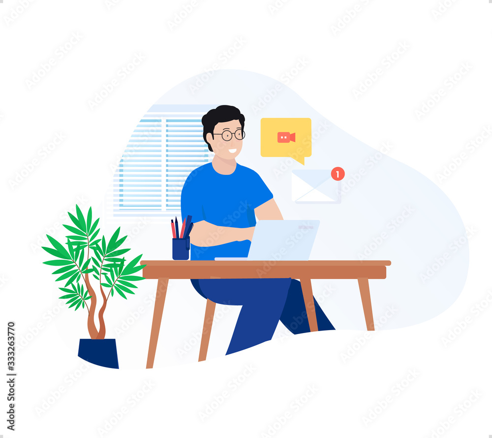The young man freelancer doing work from home with laptop and email message notification The young man freelancer doing work from home with laptop and email message notification